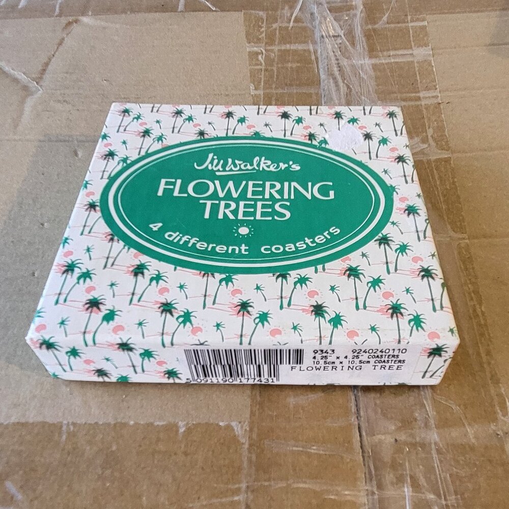 4 JILL WALKER'S FLOWERING TREES CORK COASTERS VIBRANT COLORS GUC SEE PICS BIN G